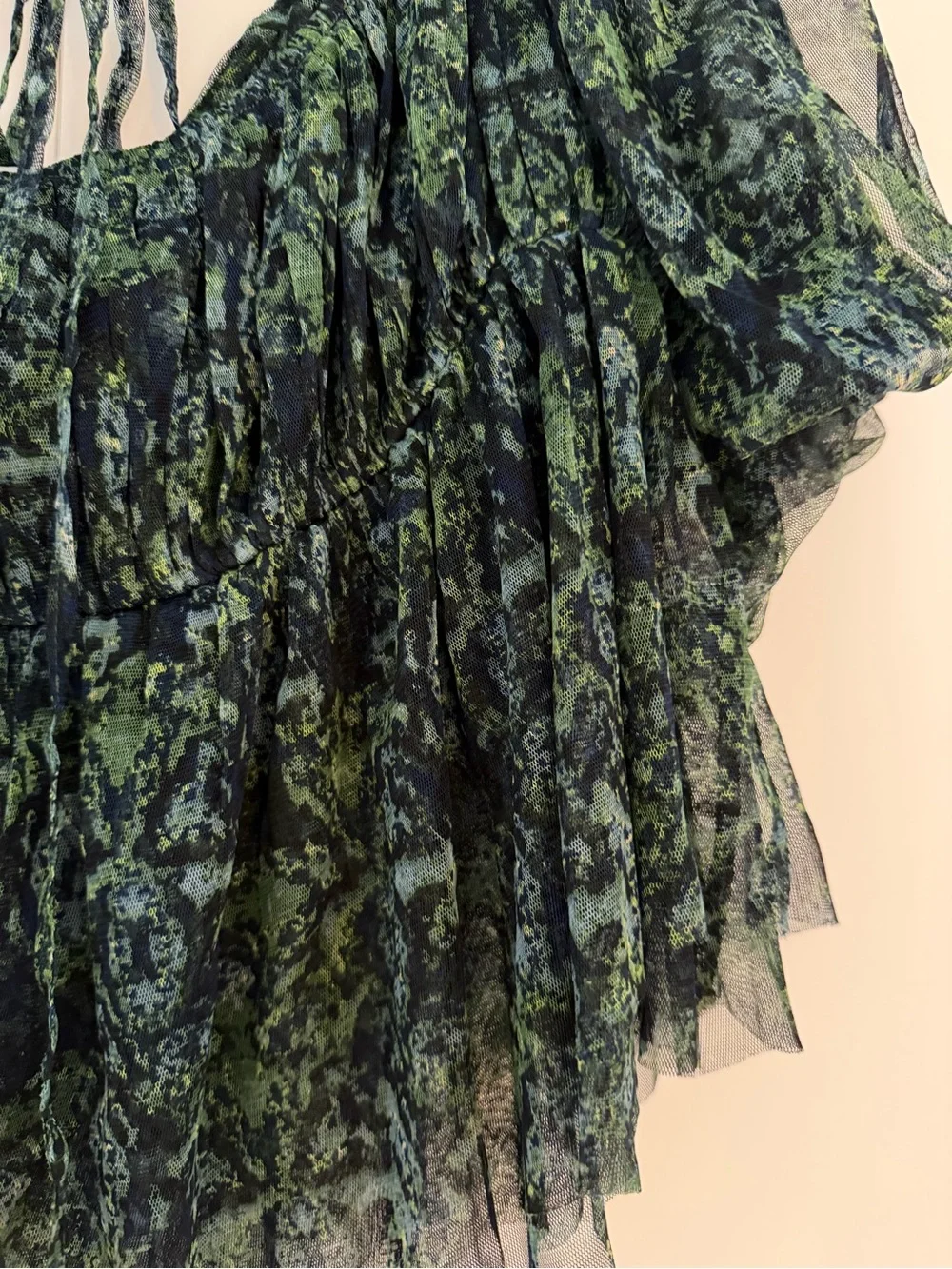Free People Dark Green Printed Sheer Puff Sleeve Blouse